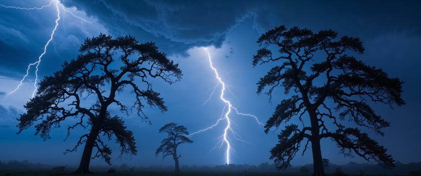 Lightning strikes over trees in a field photo