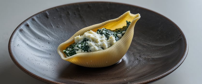 A shell with spinach and cheese on top photo