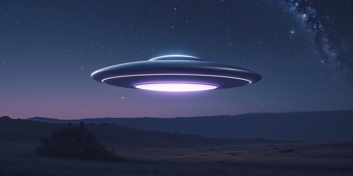 An illuminated unidentified flying object hovers above a night landscape photo