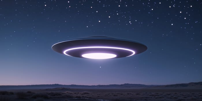 An illuminated unidentified flying object hovers above a night landscape. photo