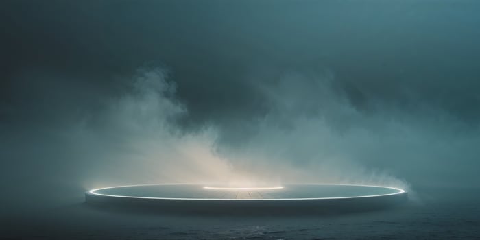 Mysterious Fog Above Illuminated Circular Platform in Dimly Lit Ambiance photo