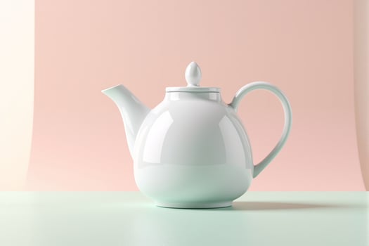 Minimalist still life featuring a clean white ceramic teapot with a curved handle and lid, placed on a light green surface against a soft pastel pink background, evoking a sense of calm and simplicity photo
