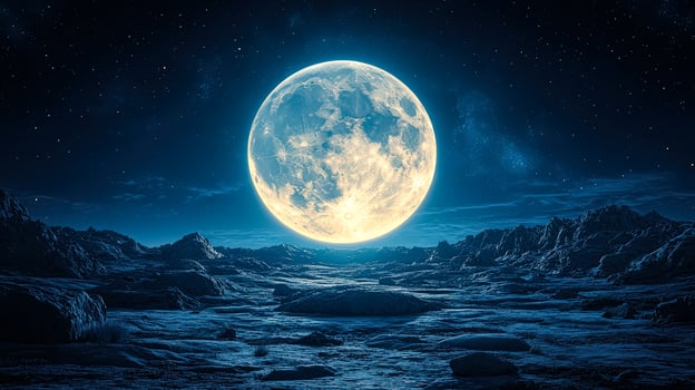 Large, bright moon is in the sky above a rocky, barren landscape photo