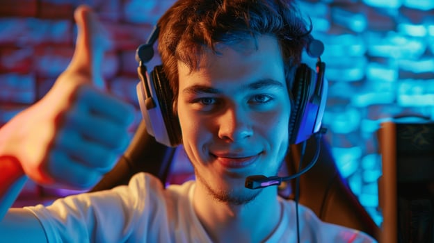 Happy gamer streaming with headset portrait image. Content creator. Young male streamer giving thumb up photography human scene. Online personality cybersport concept photo-realistic photo