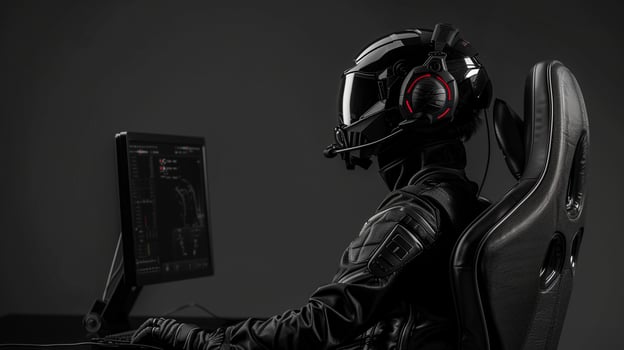 Cyber warrior gamer in tactical combat gear image closeup. Futuristic gaming soldier in black helmet at workstation close-up photography. High tech esports concept photo realistic