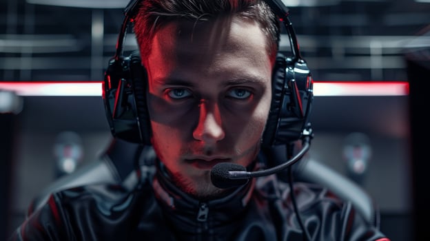 Intense male esports competitor in black gaming outfit image closeup. Pro gamer in headset close-up photography. Online battle. Focused man face. Cyber match concept photo realistic