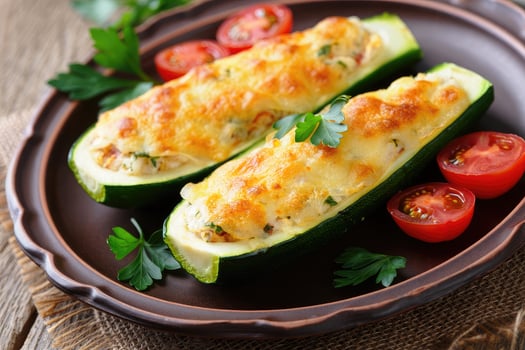 Delicious stuffed zucchini boats with melted cheese and cherry tomatoes on a rustic plate photo