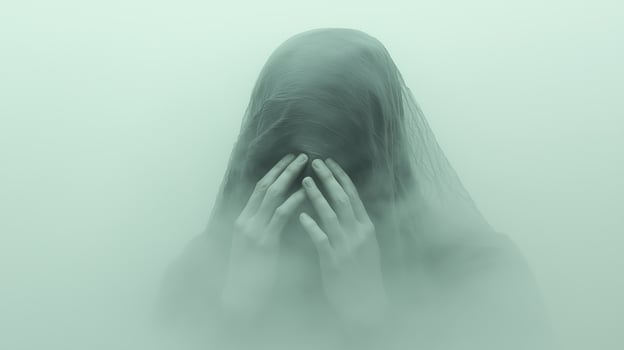 Veiled woman in misty green haze with hands on face photo