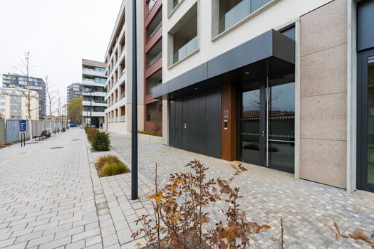 Prague, Czech republic - December 1, 2024. Modern entrance to Parkova ctvrt residential in Zizkov photo