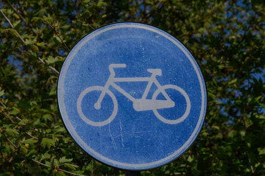 Enjoying cycling adventures on a sunny day in the park with lush greenery surrounding the blue bike path sign photo