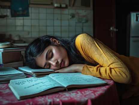 Young woman studying in dimly lit room during late night photo
