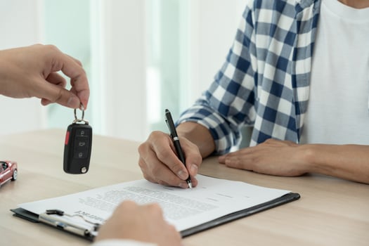 lease, rental car sell, buy Dealership send contract and car keys to new owner to sign. Sales, loan credit financial, rent vehicle, insurance, renting, Seller, dealer, installment, car care business photo