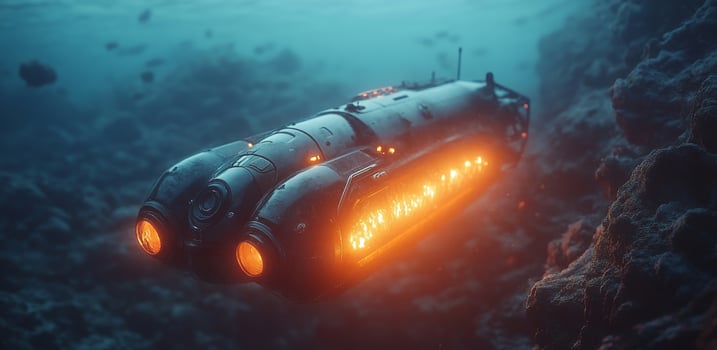 A robotic submarine navigates the dark depths of the ocean, equipped with bright lights illuminating the surrounding aquatic environment. photo
