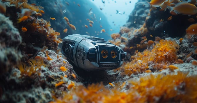 An advanced robotic submarine navigates through vibrant coral reefs at great ocean depths. The submarine surveys underwater life while capturing data for marine research and exploration. photo