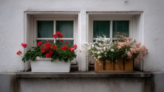 Vibrant flower boxes brighten a quaint window exterior in an urban setting during a sunny afternoon in spring photo