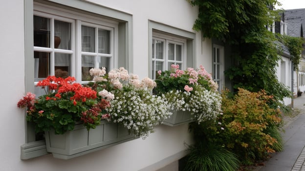 Charming flower boxes enhance the beauty of a picturesque building that lines a delightful street in a serene neighborhood photo