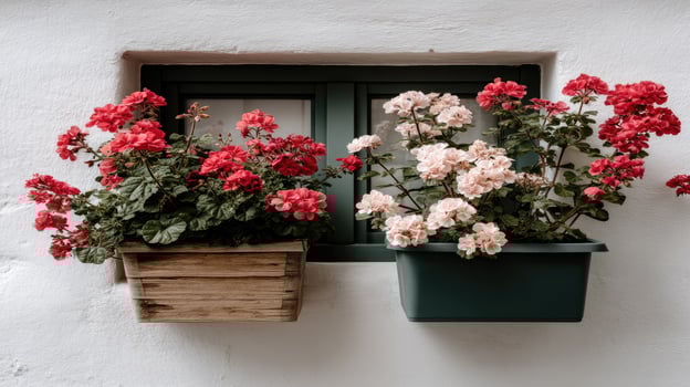 A vibrant array of colorful flowers thrives in beautifully designed pots next to a window, creating a charming scene on a bright, sunny day photo