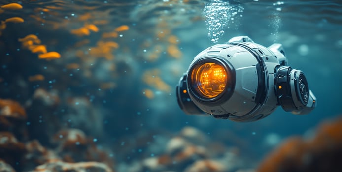 A robotic submarine navigates the vibrant underwater world, showcasing advanced technology designed for deep-sea exploration. photo