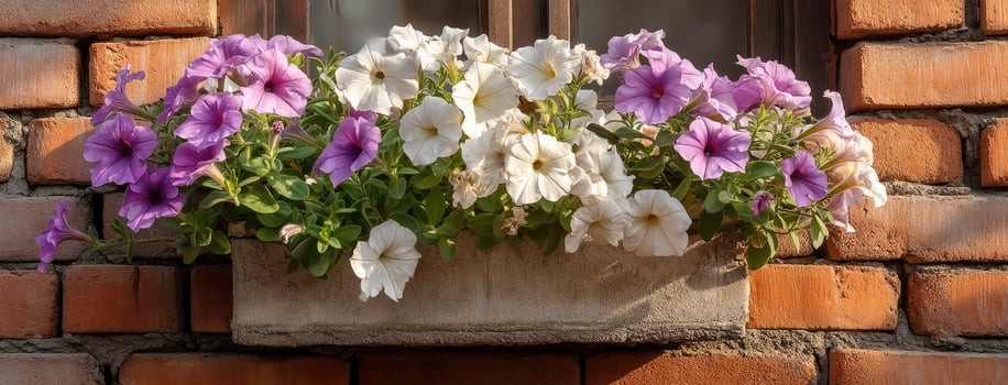 A colorful array of blooming petunias fills a rustic window box, beautifully contrasting with the sunlit brick wall on a bright day photo