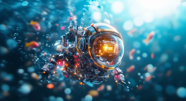A robotic submarine navigates the deep ocean, equipped for exploration. Surrounded by colorful marine life, it collects data in a mesmerizing underwater environment full of bubbles and light. photo