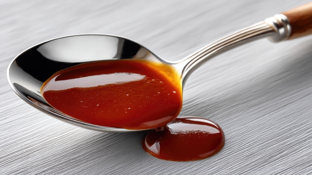 Spoon filled with rich brown sauce on a smooth metallic surface showcasing a glossy texture and appealing sheen photo