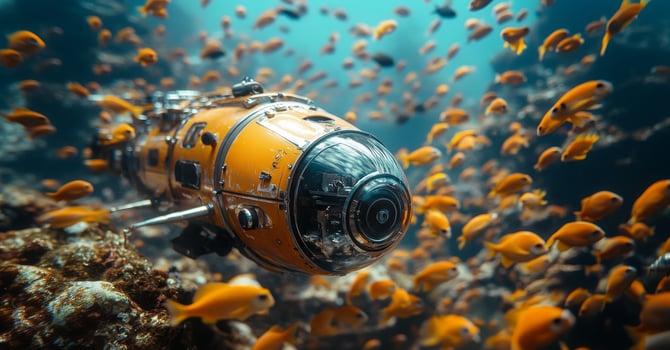 A sophisticated robot submarine navigates the depths of the ocean, surrounded by vibrant schools of fish. This exploration highlights the marvels of underwater ecosystems and technology. photo
