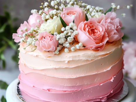 Beautiful floral cake decorated with pink roses and white flowers photo