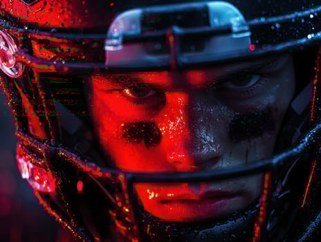 Intense young athlete prepares for football competition in rain photo