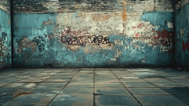 Abandoned Urban Alley with Weathered Concrete Walls and Faded Multicolored Graffiti Art on Distressed Brick Surface photo