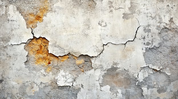 Crumbling Plaster Wall with Deep Cracks and Weathered Texture in Gray and Rust Colors. Urban Decay Grunge Background photo
