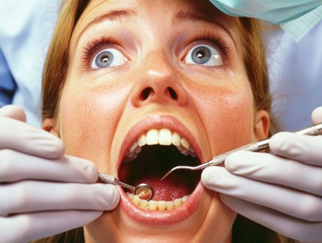 Patient undergoing dental checkup in clinic surrounded by equipment photo