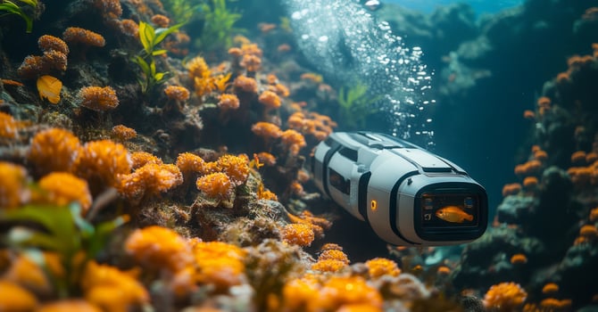 A robotic submarine navigates through a vibrant coral reef, discovering the underwater world. photo