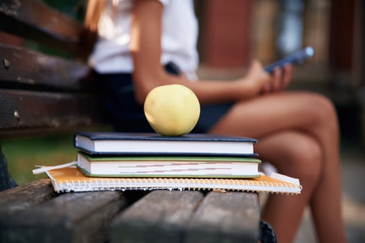 Sitting, on the bench with smartphone. School girl in uniform is outdoors near the building photo