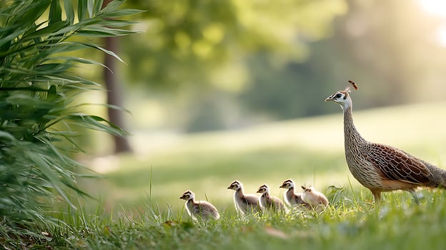 A mother peacock and her babies photo