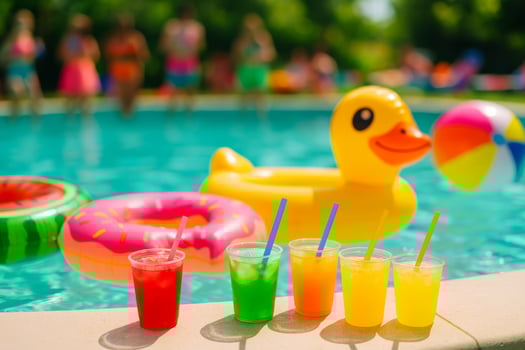 Colorful Pool Party Drinks With Inflatable Duck and Beach Balls in Summer Setting photo