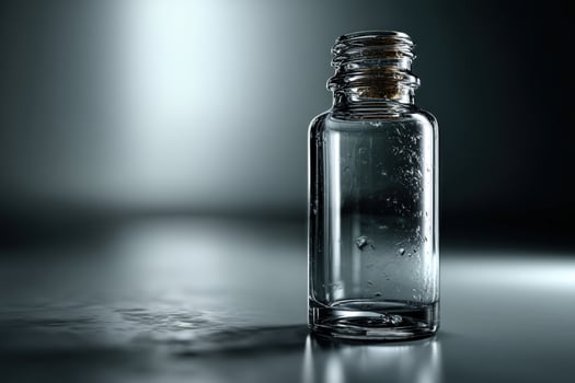 Transparent glass bottle with water droplets on a reflective surface in a dimly lit environment photo
