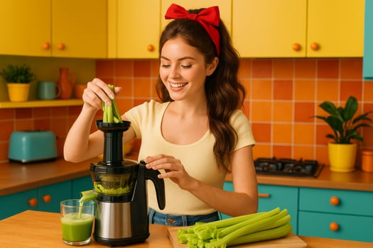 Joyful Woman Prepares Fresh Green Juice in Colorful Kitchen With Fresh Celery and Blender photo