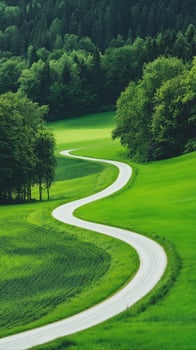 Winding Road Cutting Through Symmetrical Farmland Surrounded by Lush Green Trees and Verdant Fields photo