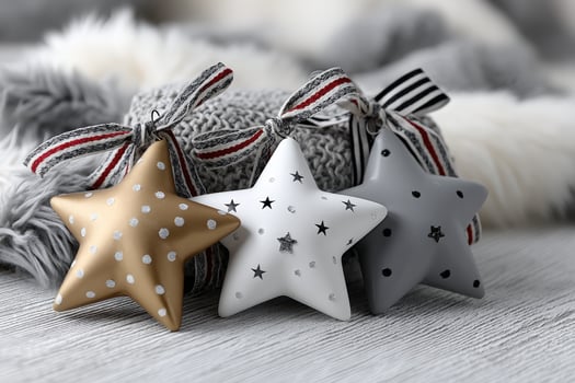 Decorative star ornaments in gold, white, and gray resting on a cozy textile background during the holiday season photo