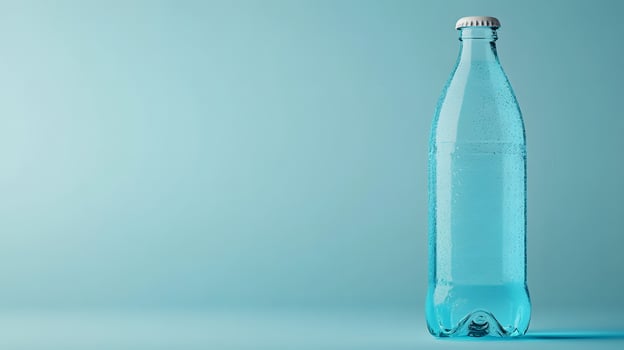 soda bottle in minimal contour style, vertical on right, light cyan background with empty left space for slogan, photo
