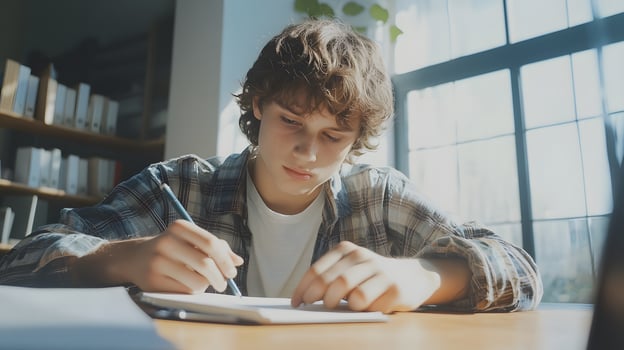 real photo style of teenage boy writing notes in modern summer classroom, natural light