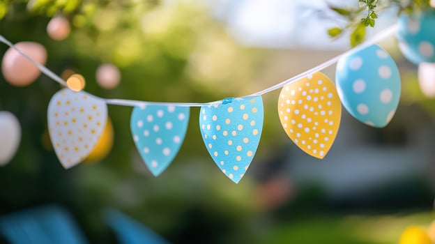 Festive Bunting Garland with Polka Dots Hanging Outdoors for Celebration, Bright and Cheerful. photo