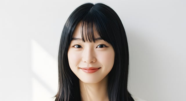 Smiling Woman Portrait with Black Hair and Bangs Against White Wall photo