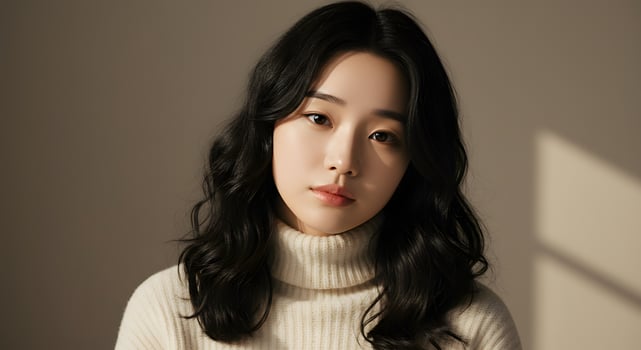 Portrait of Calm Young Woman with Wavy Hair Wearing Sweater photo