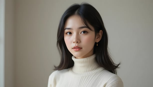 Young Woman Looking at Camera with Turtleneck in Soft Lighting photo