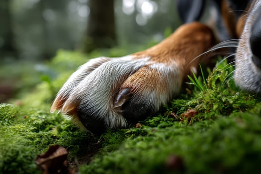 Dog lying on mossy ground with detailed paw photo