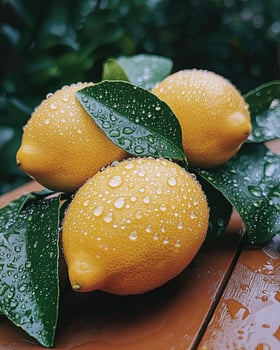 Fresh lemons with raindrops kitchen window food photography indoor close-up nature's refreshing essence photo
