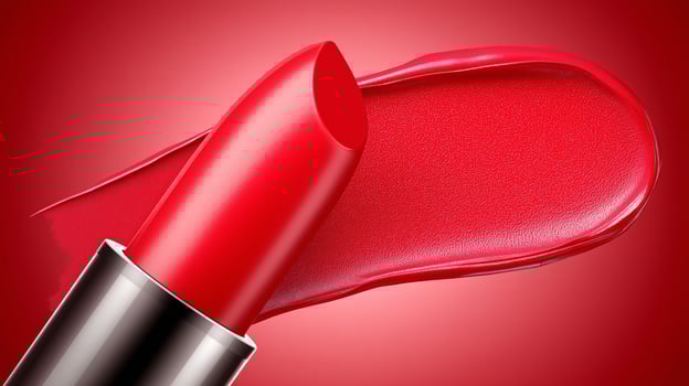 Rich red lipstick smear contrasts beautifully against a warm pink gradient backdrop for high-impact visual appeal. Vibrant red lipstick smear with thick texture rests on red gradient background photo