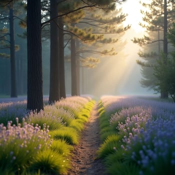 Lavender Path in Pine Forest with Morning Sun Rays Serene Nature Landscape photo