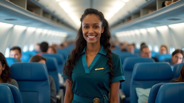A woman in a green uniform standing on an airplane photo